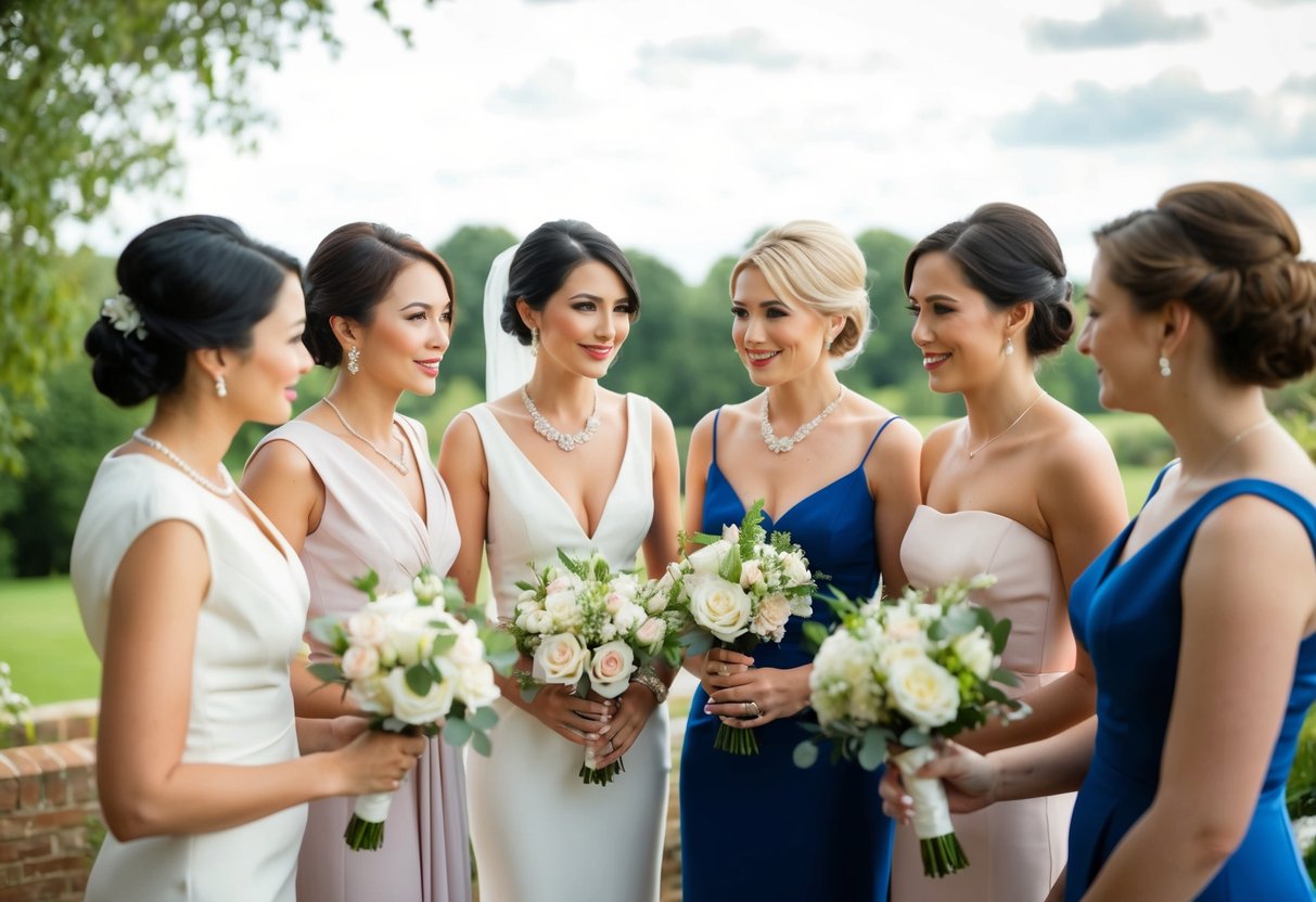 A group of women in elegant attire, some holding bouquets of flowers, stand in a circle discussing wedding details