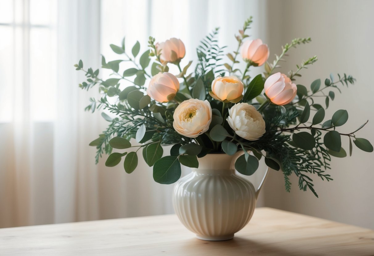 A vase of faux flowers arranged with real foliage and placed in soft, natural lighting