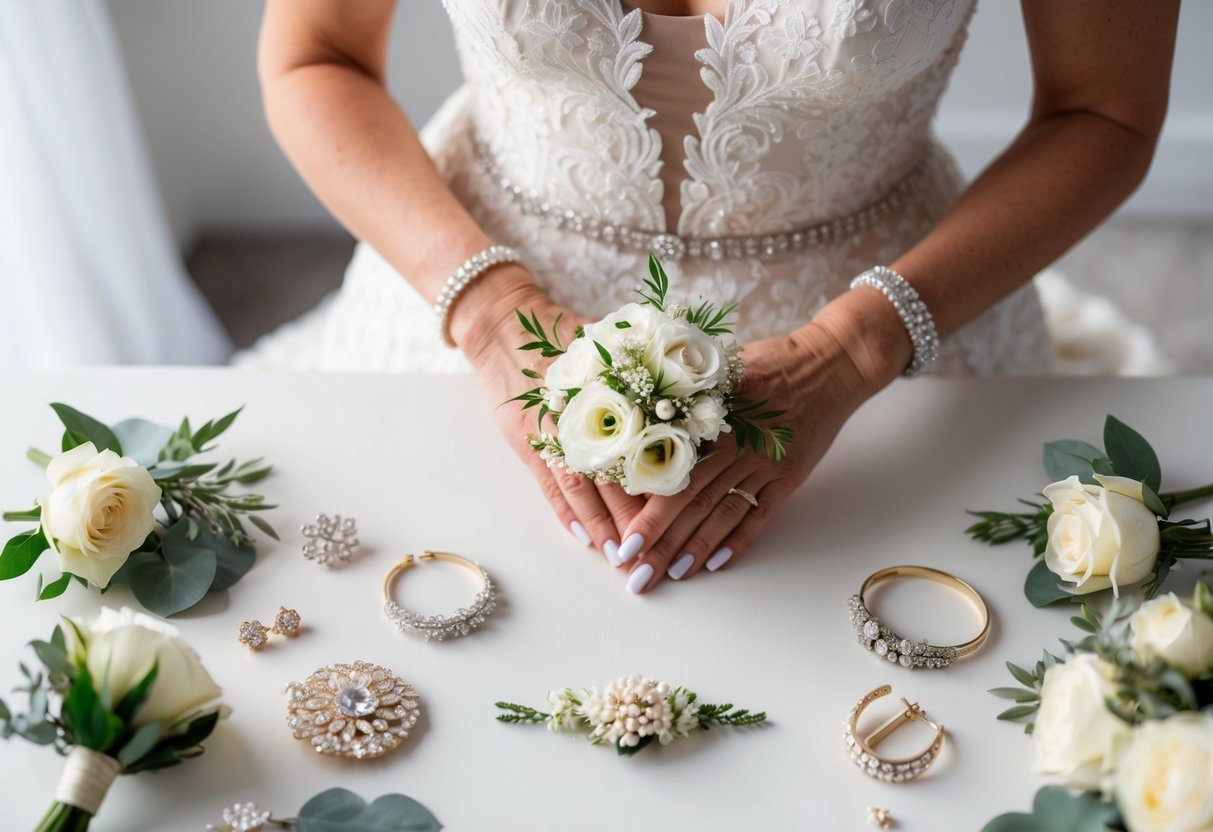 A mother of the bride holds a delicate floral corsage, surrounded by a collection of elegant accessories and final touches for her outfit