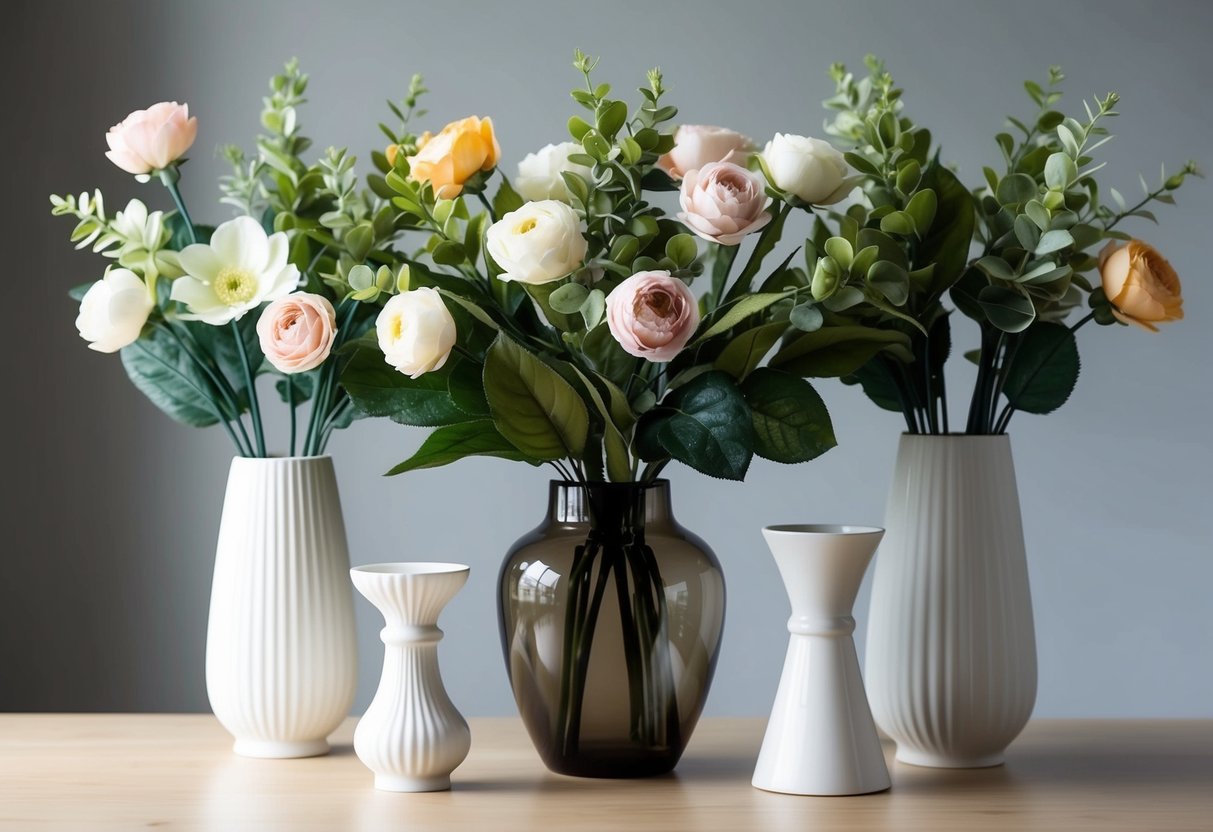 A vase of lifelike fake flowers arranged in a natural and balanced composition, with varying heights and colors for a realistic and elegant look