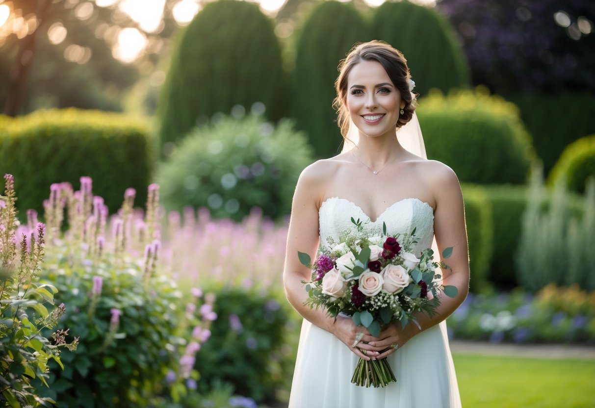 A bride stands in a garden, holding a bouquet of flowers