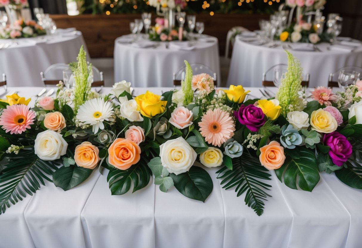 A table adorned with an arrangement of fake flowers in various colors and styles, surrounded by wedding decor and accessories