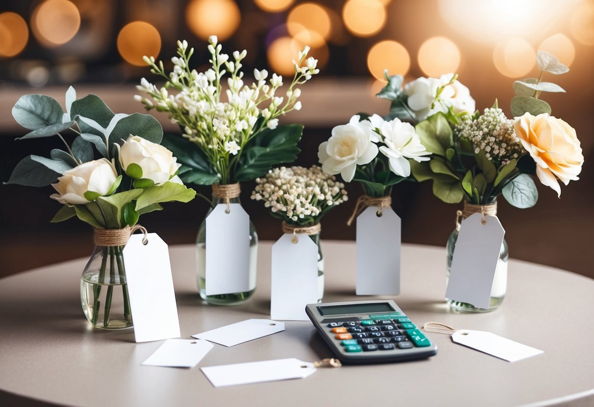 A table with various types of fake wedding flowers, surrounded by price tags and a calculator
