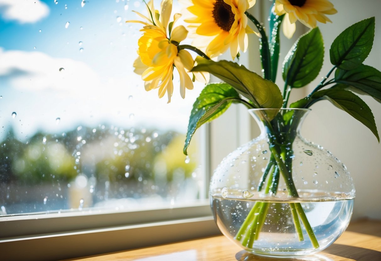 A clear vase holds fake flowers, with water droplets on the petals, placed near a sunny window with natural light streaming in