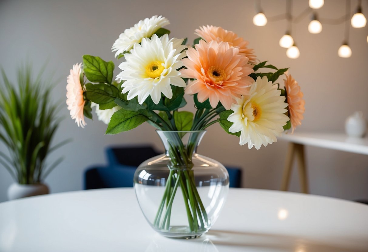 A clear vase filled with realistic-looking artificial flowers on a well-lit table