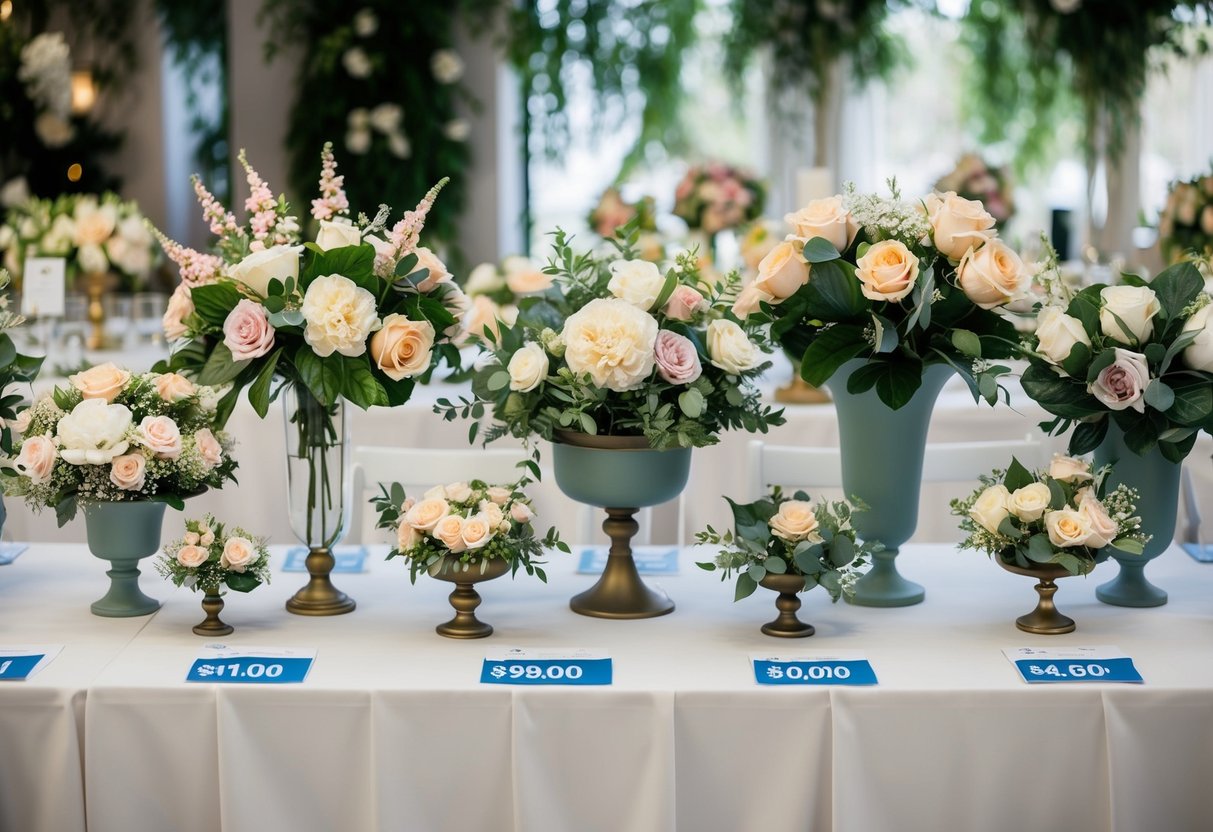 A table adorned with faux floral arrangements in various sizes and colors, with price tags displayed next to each one, creating a visual representation of the average cost of fake flowers for a wedding