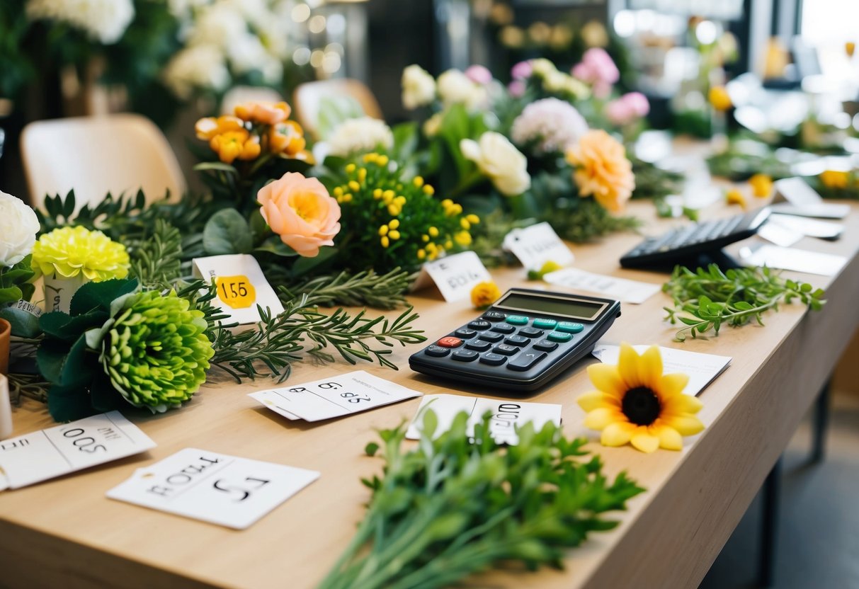 A table scattered with various types of fake flowers and greenery, alongside price tags and a calculator
