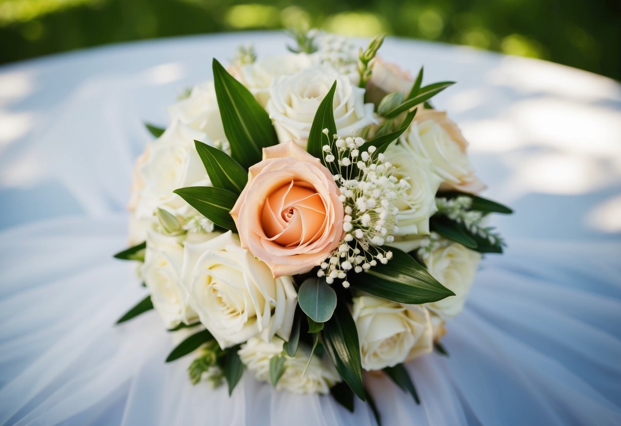 A bride's bouquet with a delicate corsage pinned to it