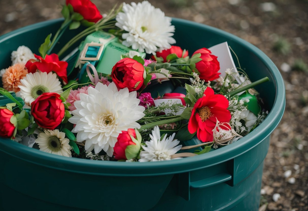 Artificial flowers tossed in a bin, mixed with other wedding debris