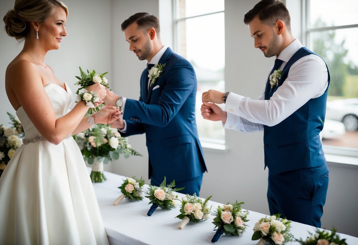 A bride holds a delicate corsage, while a groom adjusts his boutonniere. The florist arranges a display of corsages and boutonnieres on a table