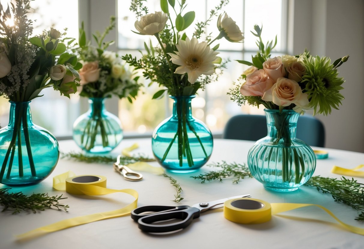 A table set with vases, flowers, and greenery. Scissors, tape, and ribbon scattered around. Sunlight streaming in through a window