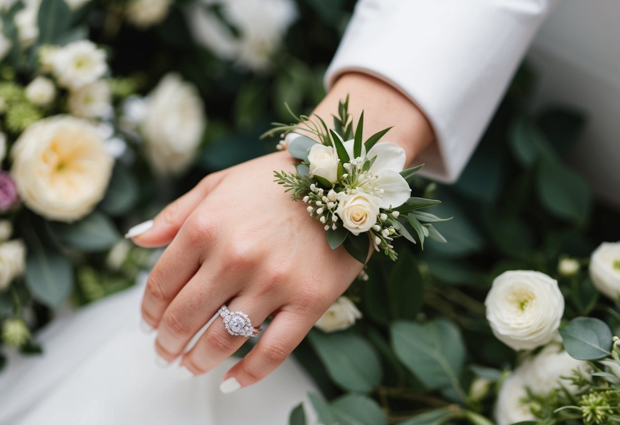 A bride's hand holding a delicate corsage, surrounded by wedding flowers and decor