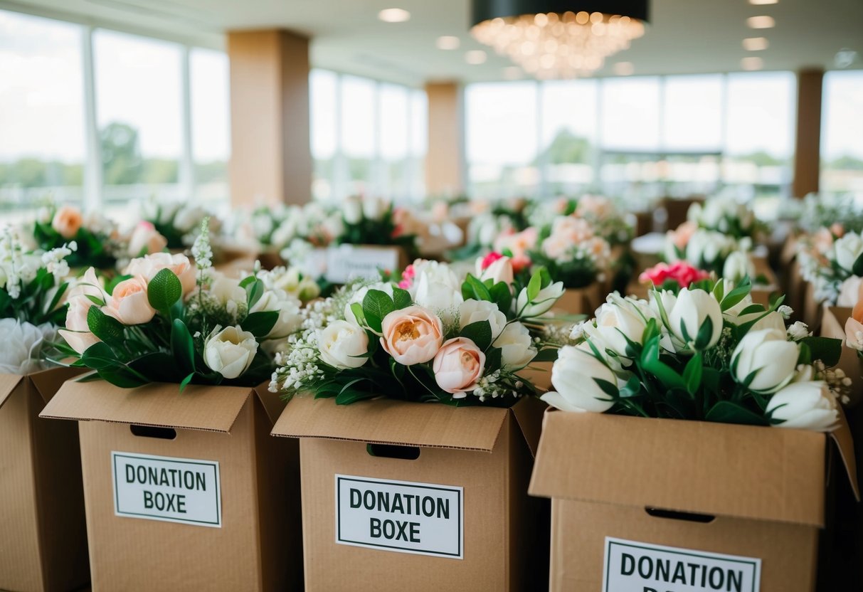 Unused artificial flowers arranged in donation boxes at a wedding venue