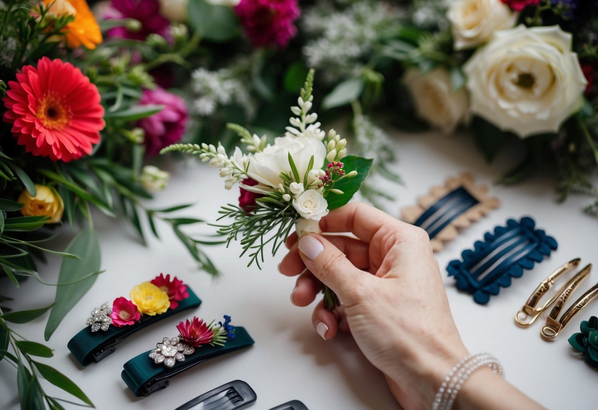 A bride holds a delicate corsage, surrounded by vibrant flowers and greenery. An array of alternative accessories, such as hair clips and bracelets, are displayed nearby