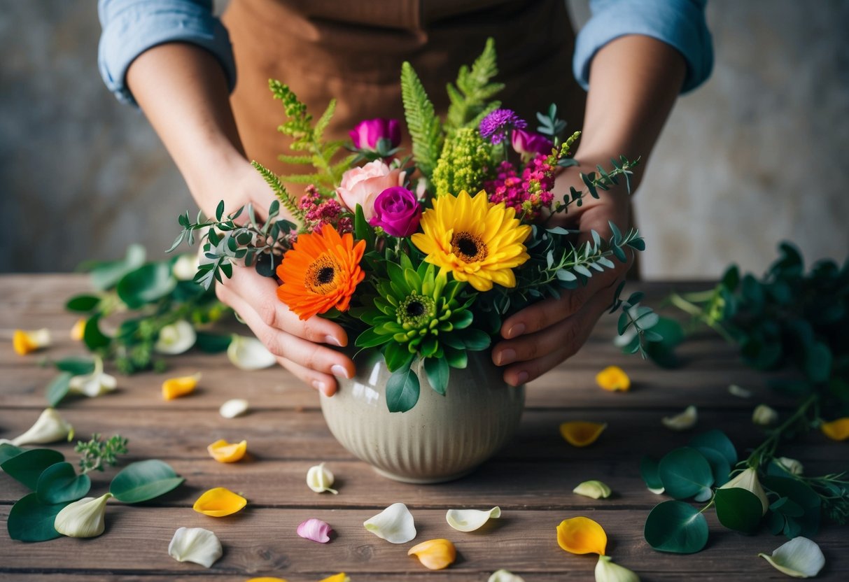 A pair of hands arranging a variety of colorful flowers and greenery in a vase on a wooden table, surrounded by scattered petals and foliage
