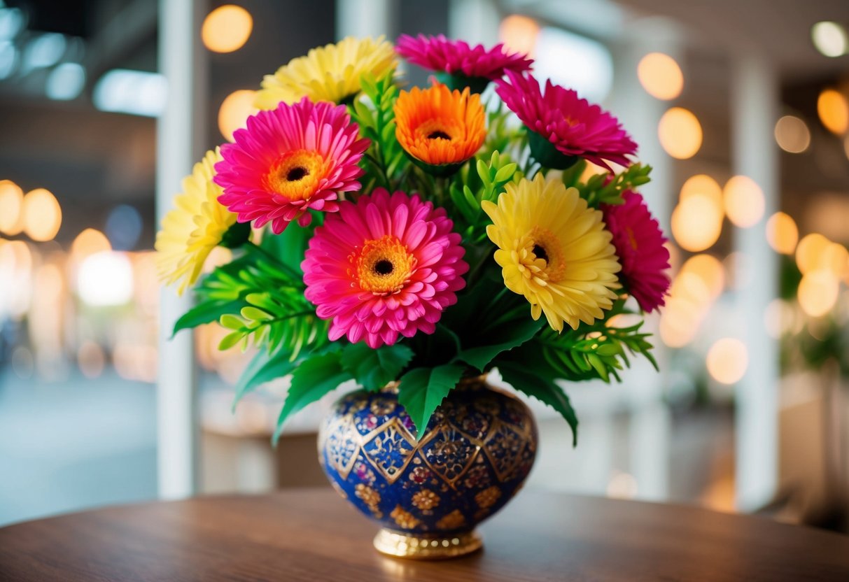 A bouquet of vibrant, artificial flowers arranged in a decorative vase