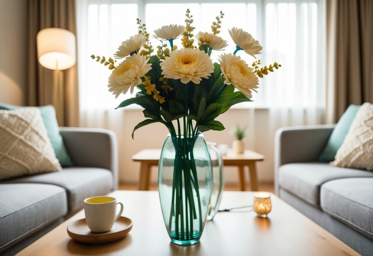 A vase of artificial flowers sits on a coffee table, surrounded by cozy furniture and soft lighting