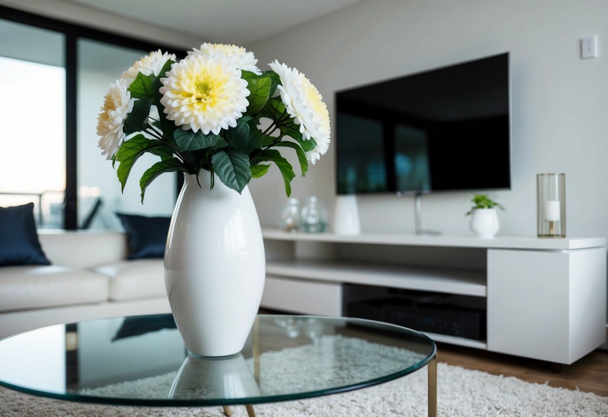 A modern living room with a sleek white vase filled with realistic-looking fake flowers sitting on a glass coffee table