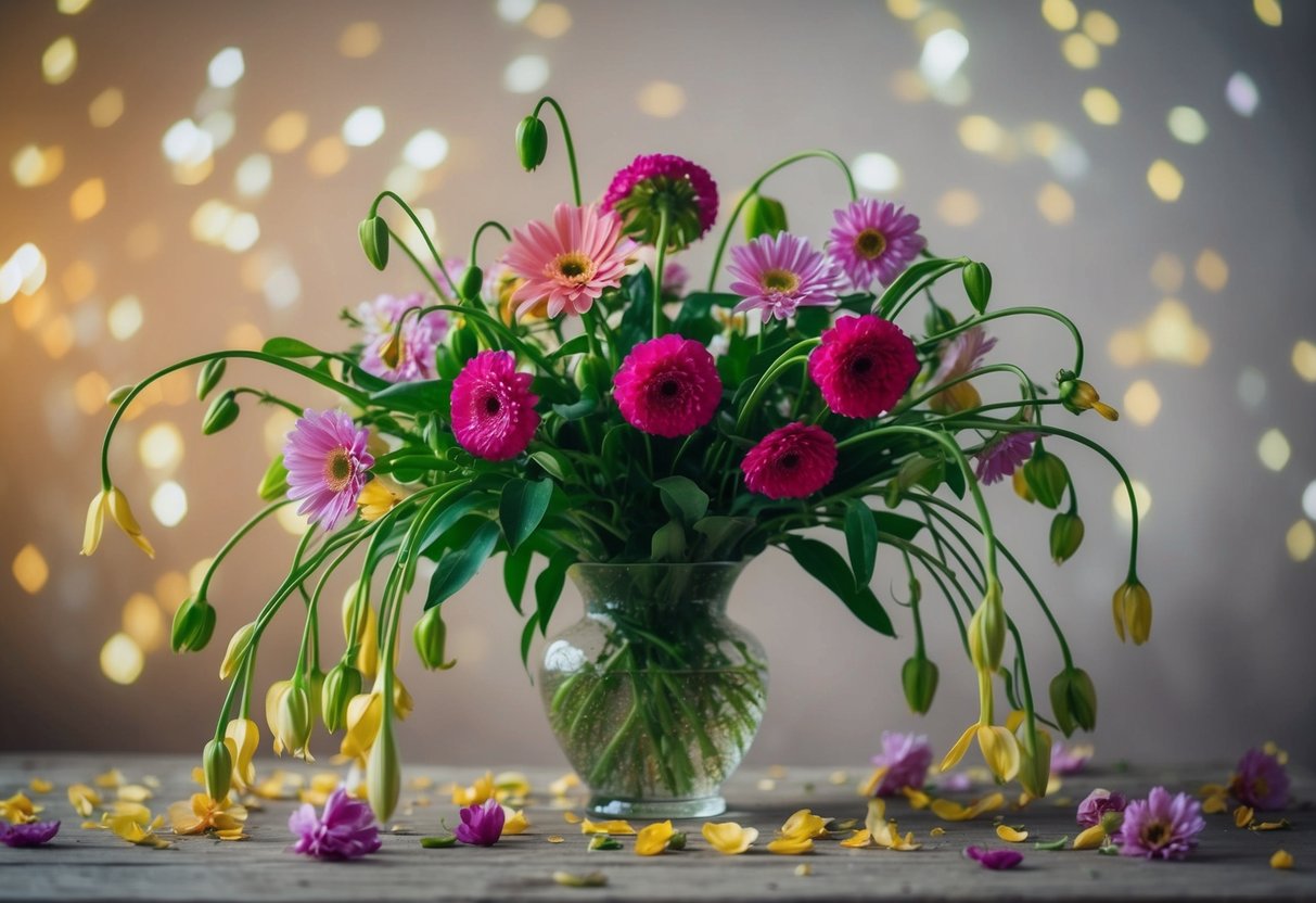 A bouquet of flowers wilting in a vase, surrounded by fallen petals and drooping stems