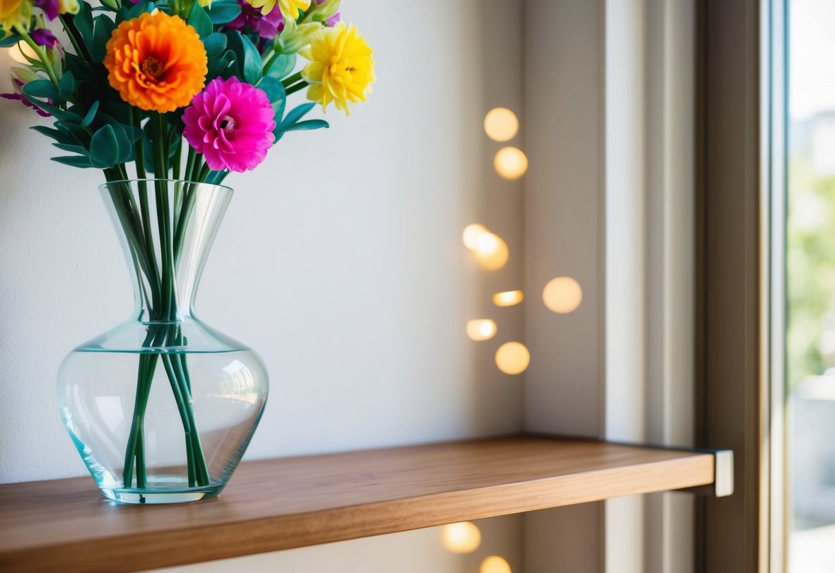 A clear glass vase on a wooden shelf, holding a vibrant fake bouquet of flowers, with soft natural light streaming in from a nearby window