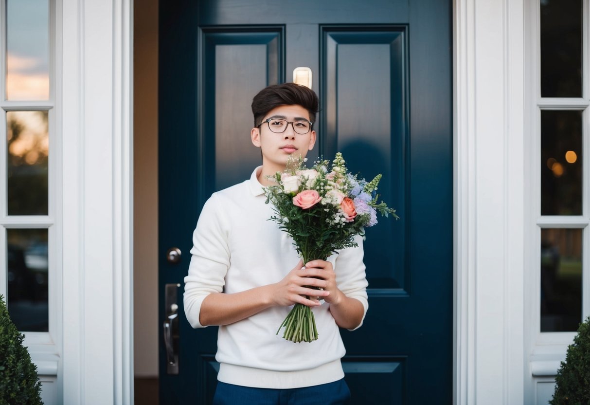 A person holding a bouquet of flowers, standing nervously outside a front door