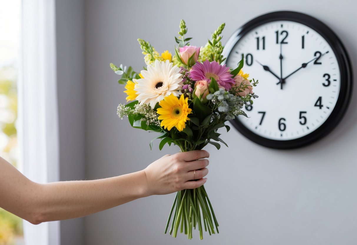 A hand holding a bouquet of flowers, with a clock in the background showing different times to represent the concept of timing a floral gift