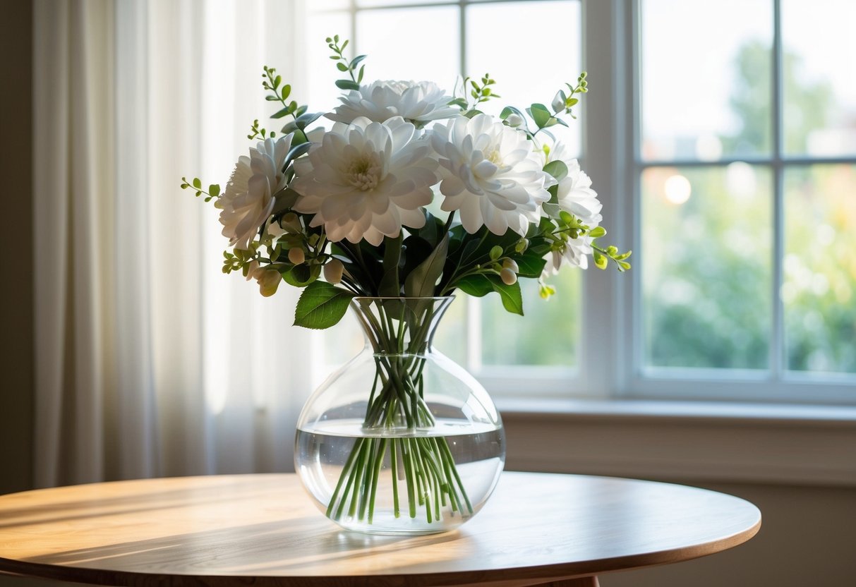A white fake bouquet placed in a clear glass vase on a wooden table, with soft natural light streaming in from a nearby window