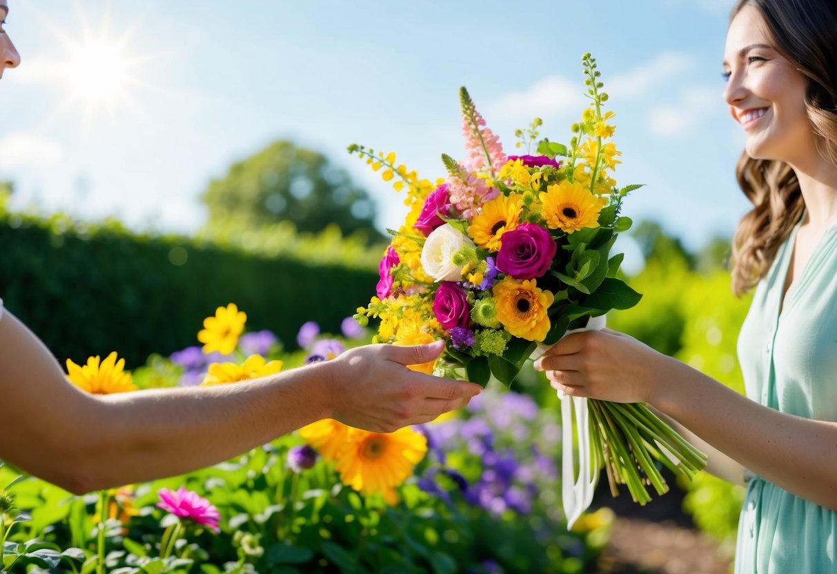 A sunny day in a garden with a colorful bouquet of flowers being handed to someone with a smile