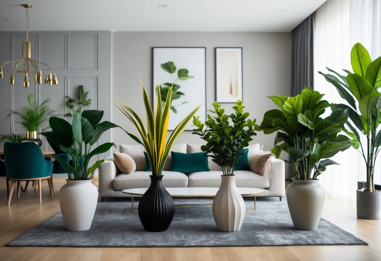 A modern living room with stylish fake plants in elegant vases, adding a touch of greenery to the space without the need for maintenance