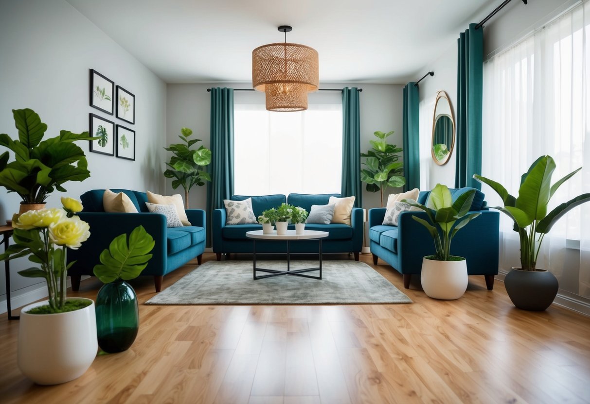 A living room with artificial greenery scattered throughout, including fake flowers in vases and potted plants