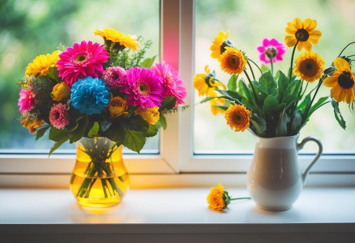 A vibrant bouquet of fake flowers sits next to a wilting vase of real ones on a sunlit windowsill