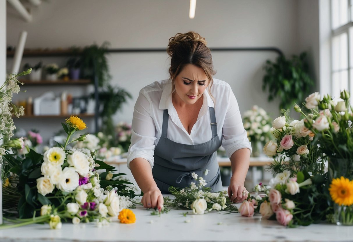 A wedding florist struggling to keep up with demand, surrounded by wilting flowers and a messy work station