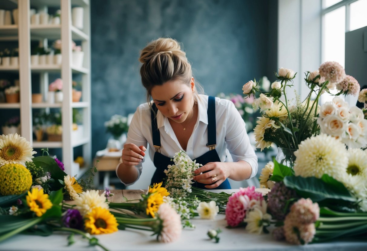 A wedding florist struggling to find unique designs, surrounded by wilted flowers and a cluttered work area
