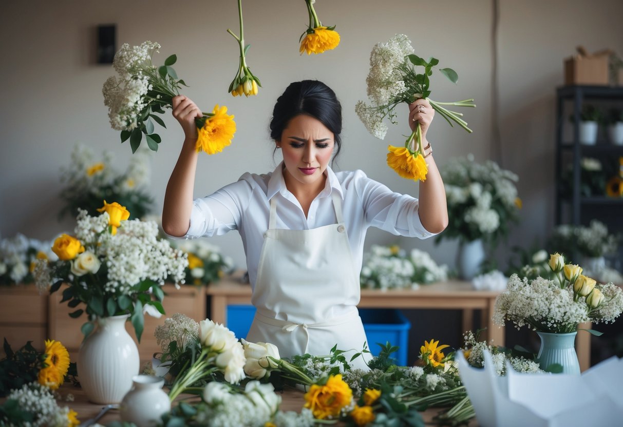 A wedding florist surrounded by wilting flowers, juggling multiple orders, looking stressed and overwhelmed