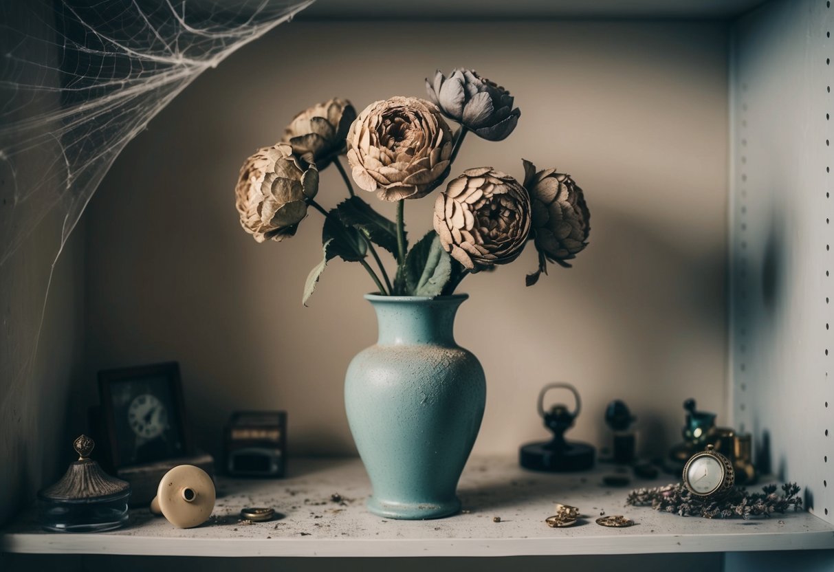 A vase of dusty, faded fake flowers sits on a neglected shelf, surrounded by cobwebs and forgotten trinkets