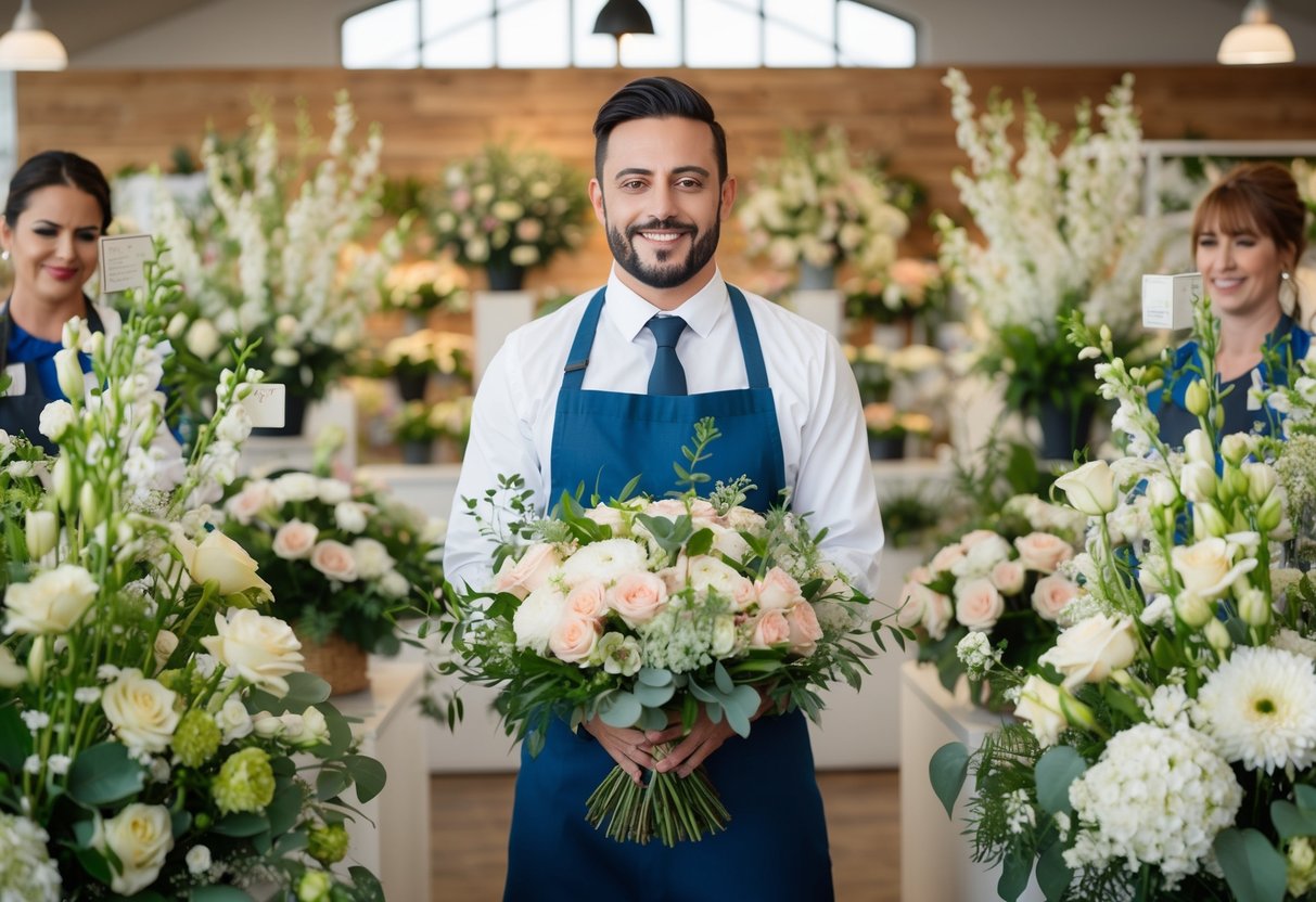 A wedding florist surrounded by rival florists with larger displays