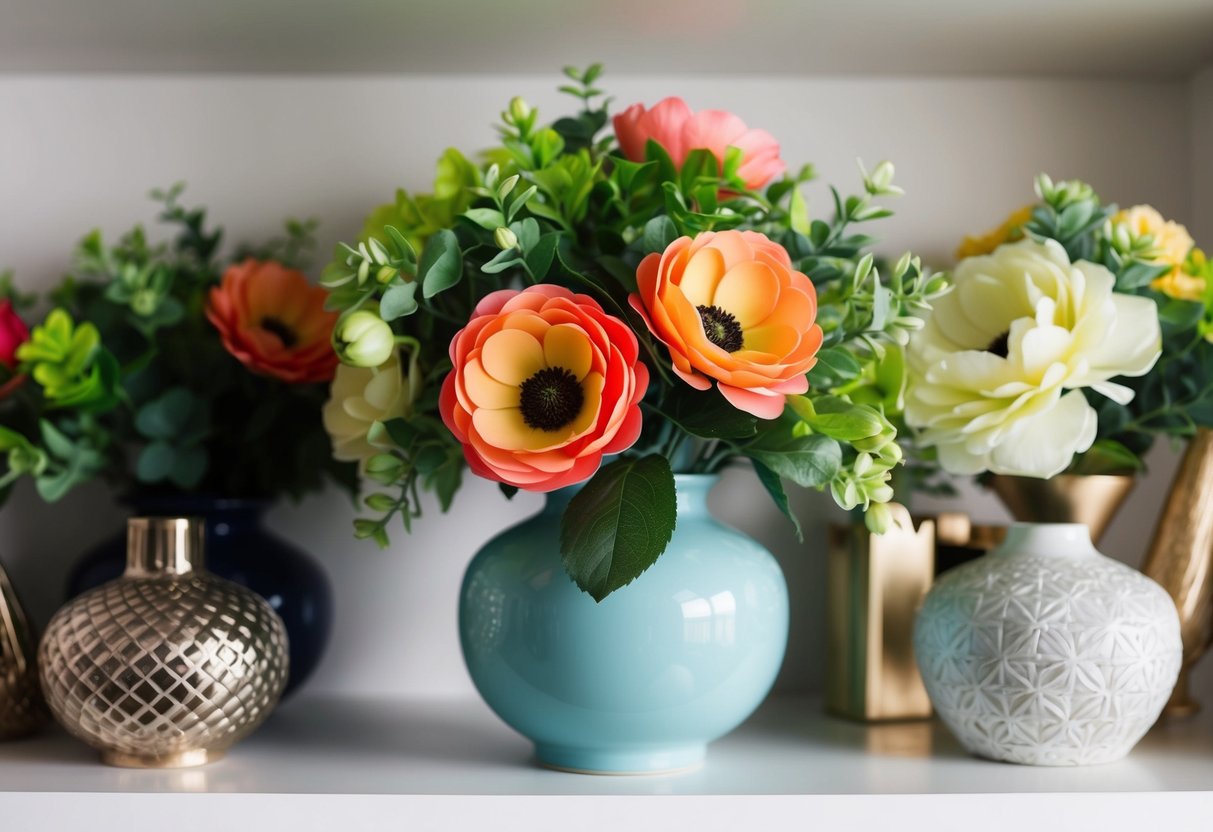 A vase of fake flowers sits on a shelf, surrounded by other decor. The flowers appear vibrant and well-maintained, suggesting they have been kept for a long time