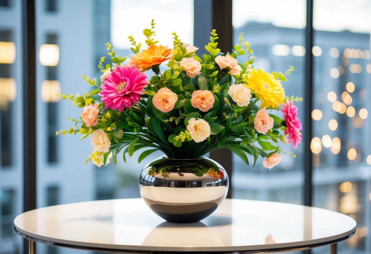 A bouquet of vibrant fake flowers displayed in a stylish, modern vase on a sleek white table