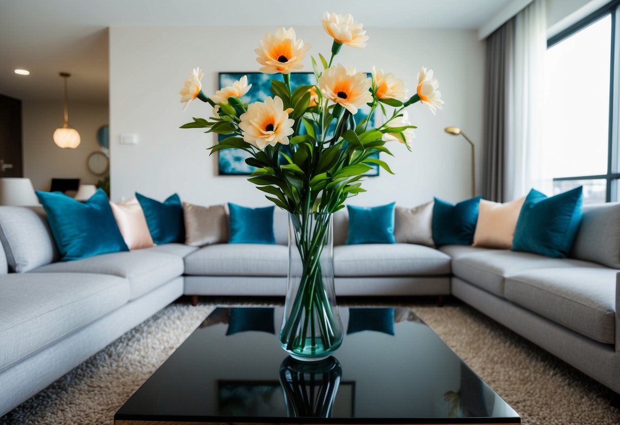 A modern living room with a vase of artificial flowers as a centerpiece on a coffee table, surrounded by contemporary decor