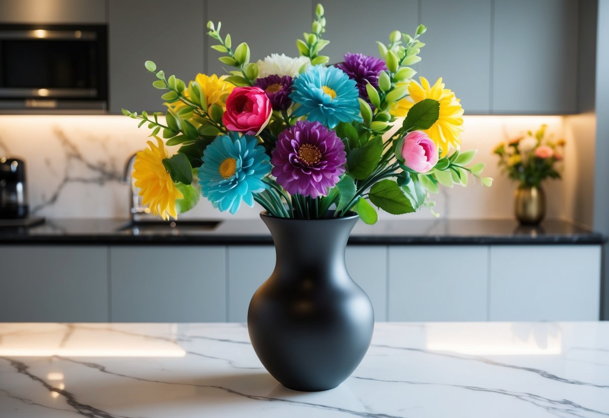 A stylish vase holds a mix of vibrant fake flowers, arranged neatly on a sleek marble countertop