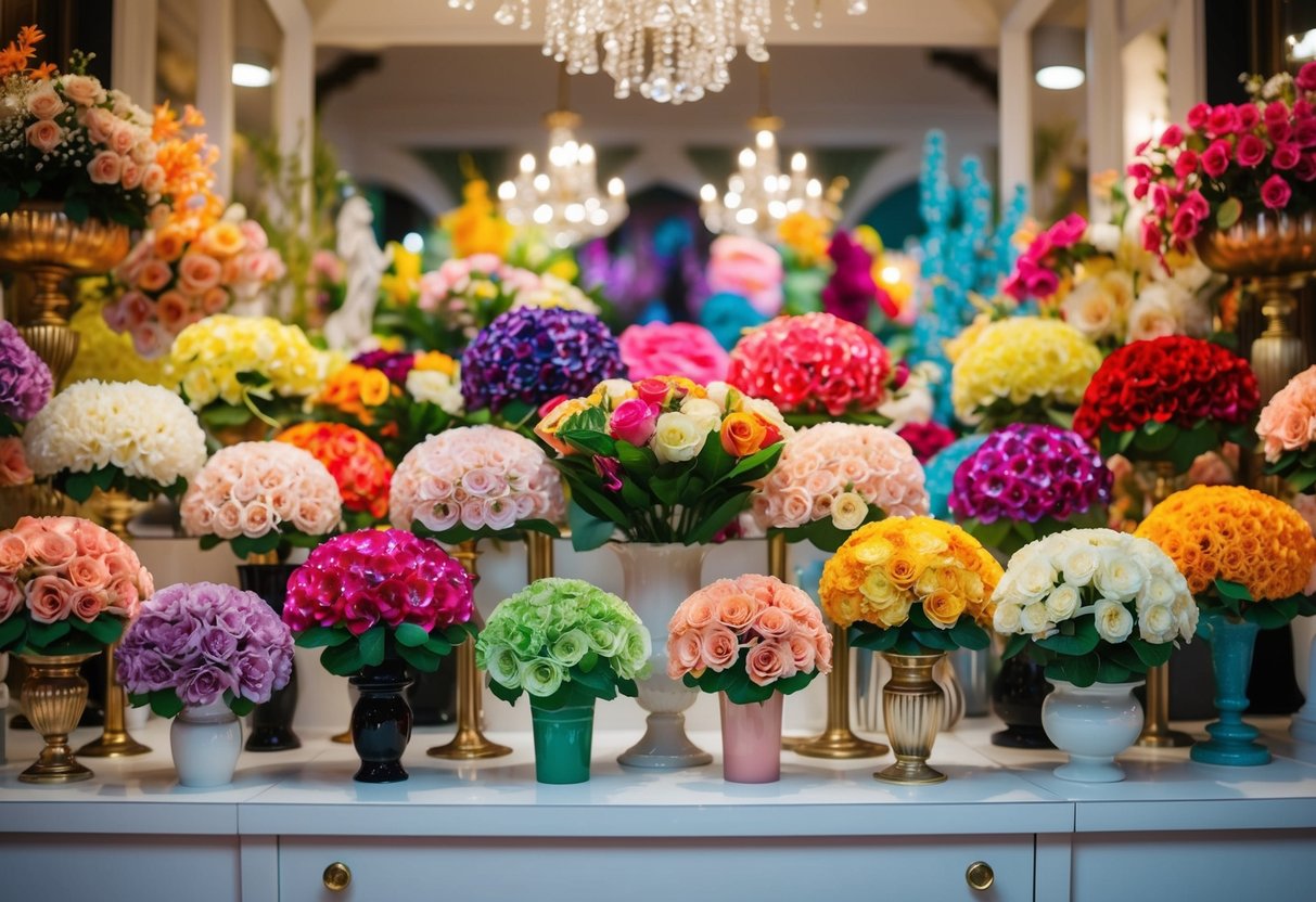 A vibrant display of artificial flowers in various colors and styles, arranged in a fashionable setting with a nostalgic and romantic ambiance