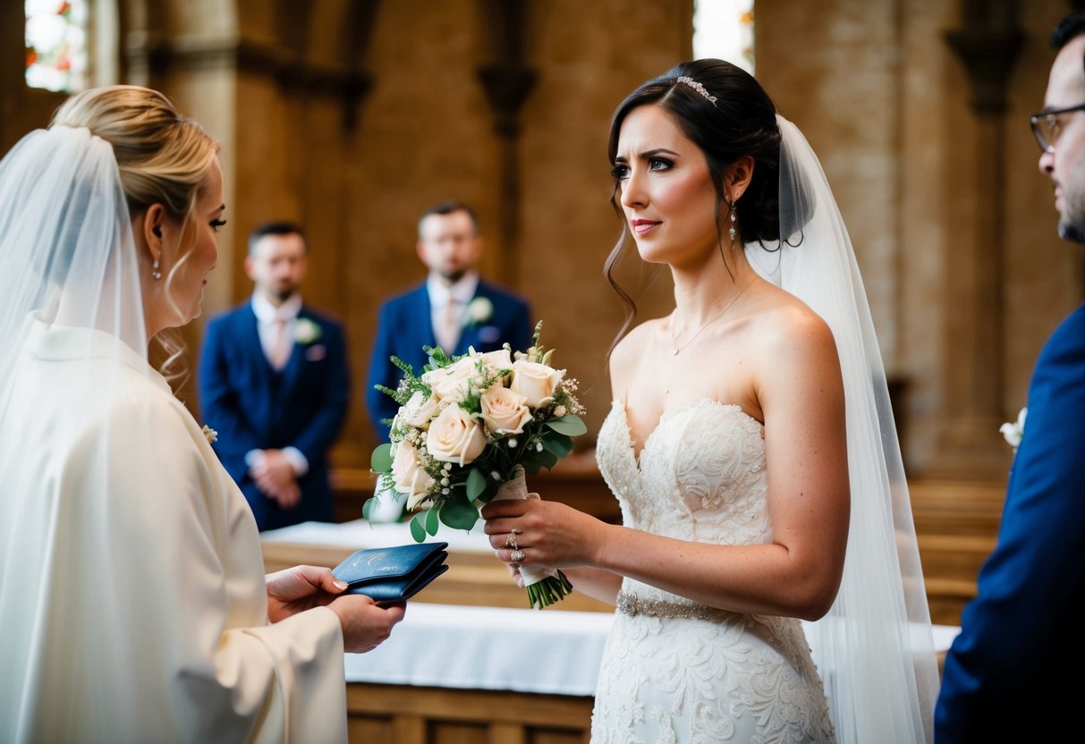A bride standing at a wedding altar, holding a wallet in one hand and a bouquet in the other, looking conflicted