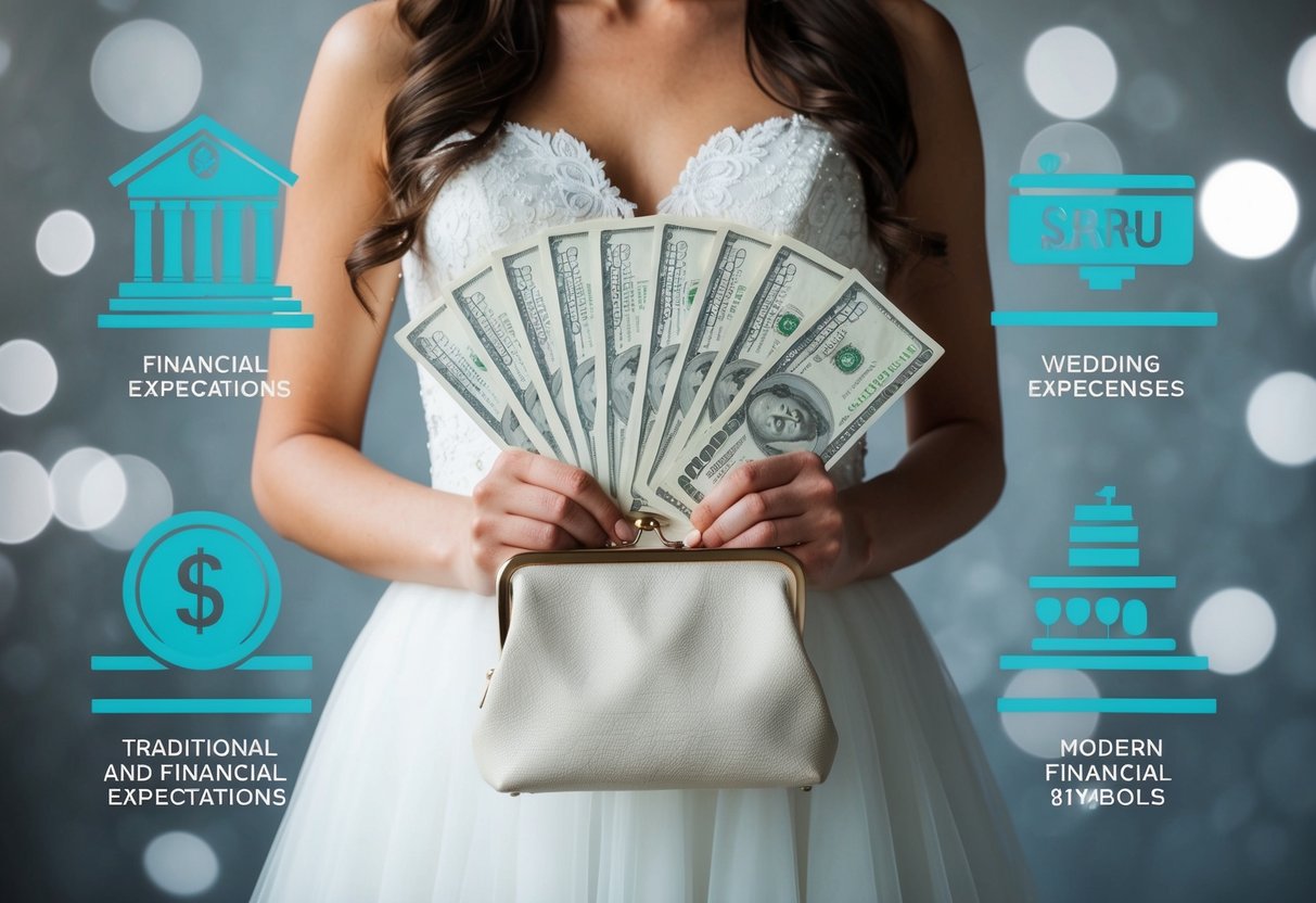 A bride holding a purse with wedding-related expenses while surrounded by symbols of traditional and modern financial expectations