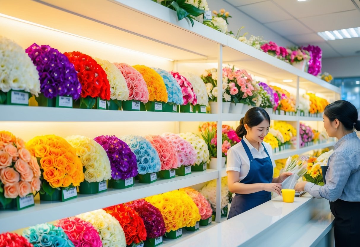 A brightly lit flower shop with shelves of colorful artificial flowers, a customer browsing the selection, and a salesperson assisting at the counter