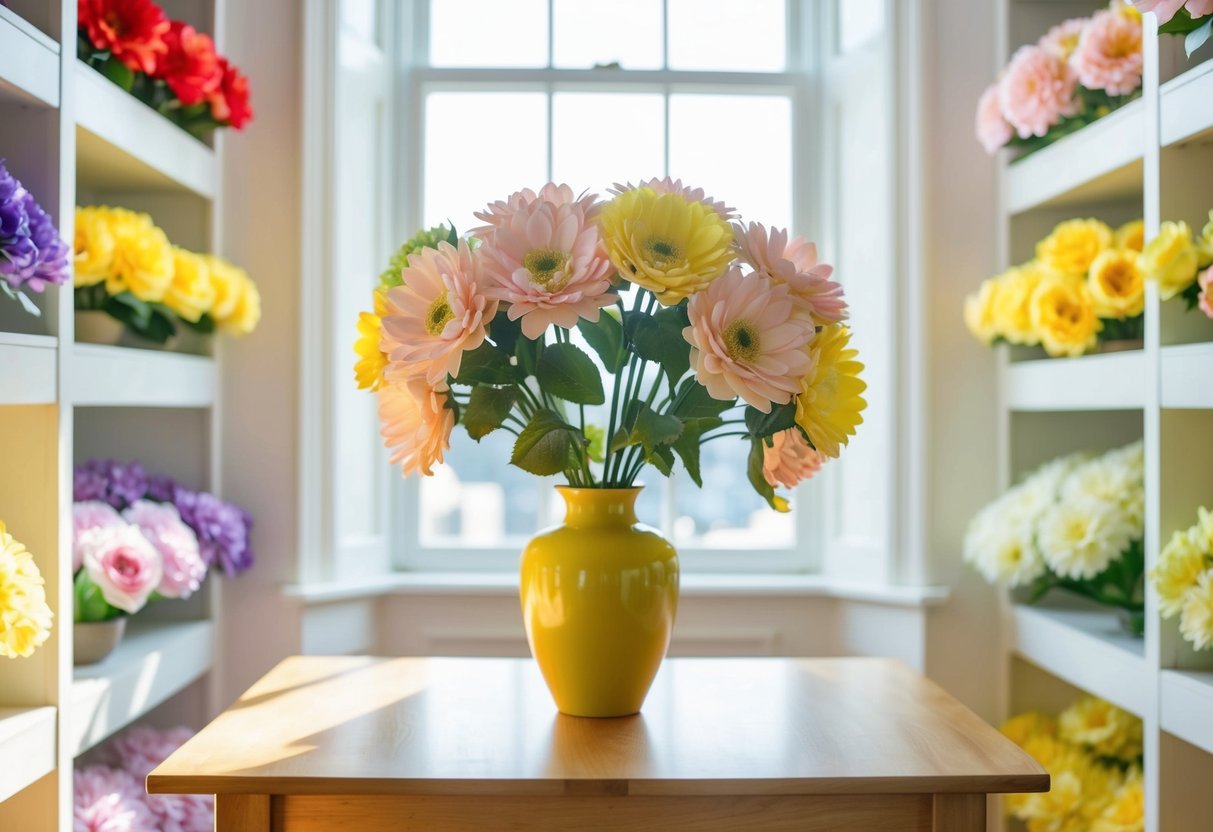 A bright, sunlit room with a vase of lifelike artificial flowers on a wooden table, surrounded by shelves of colorful silk blooms