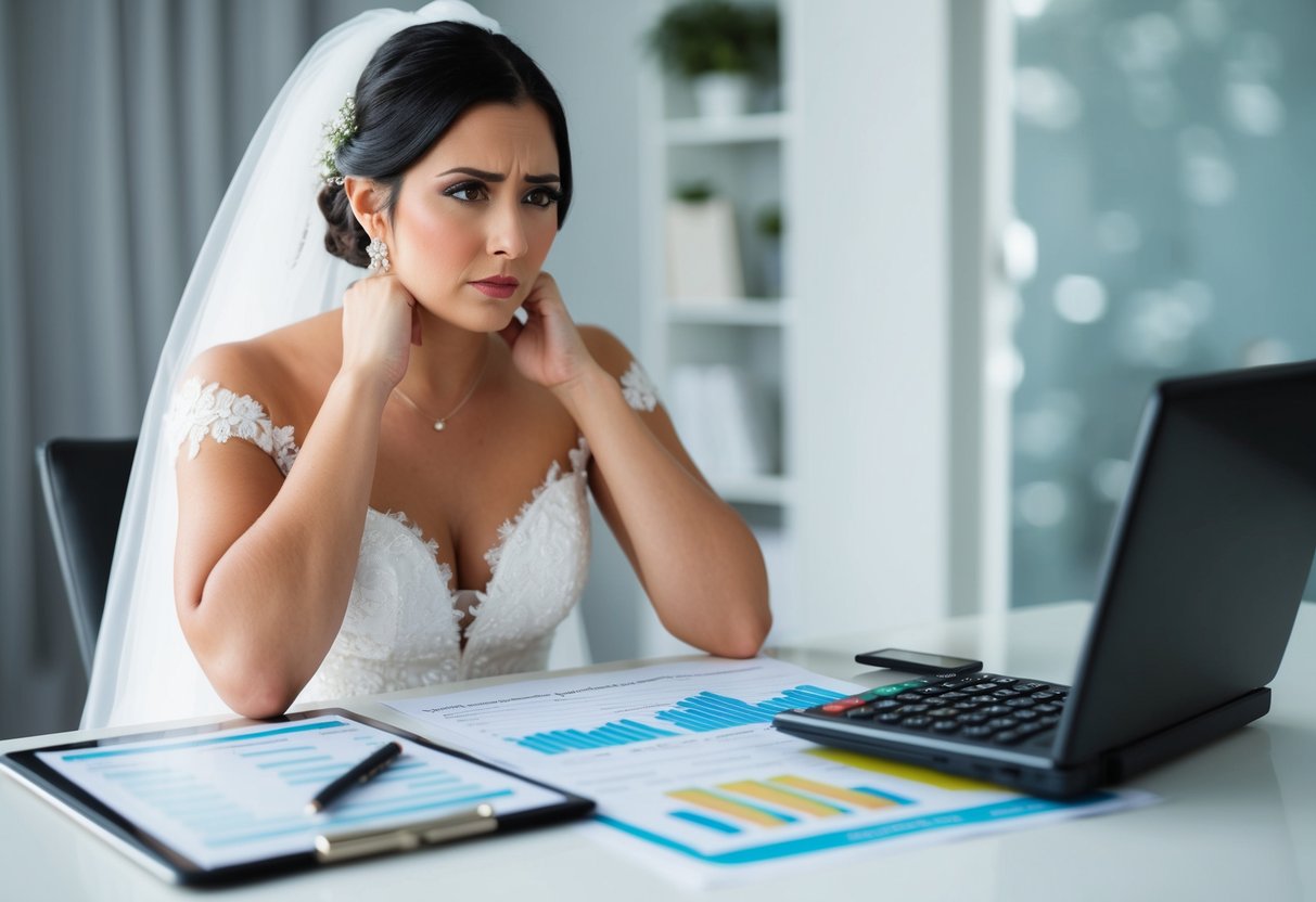 A bride sitting at a table with a calculator, wedding planner, and budget spreadsheets, looking stressed and conflicted
