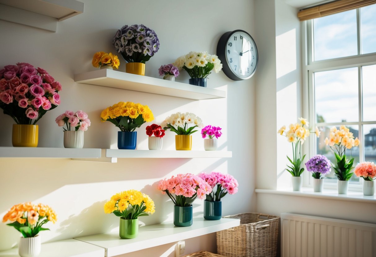 A bright, sunlit room with shelves of artificial flowers in various colors and styles. A clock on the wall shows the time as mid-morning