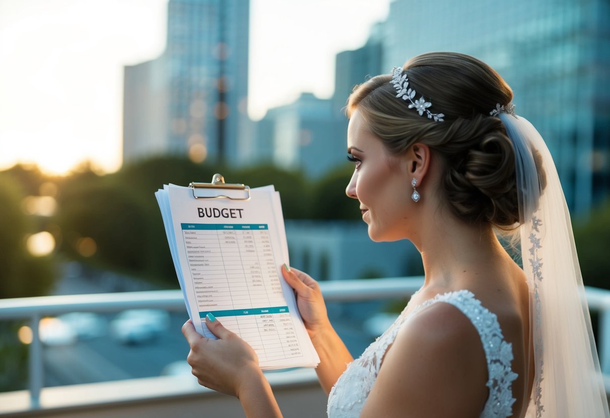 A bride holding a wedding budget spreadsheet while pondering financial considerations for her own wedding
