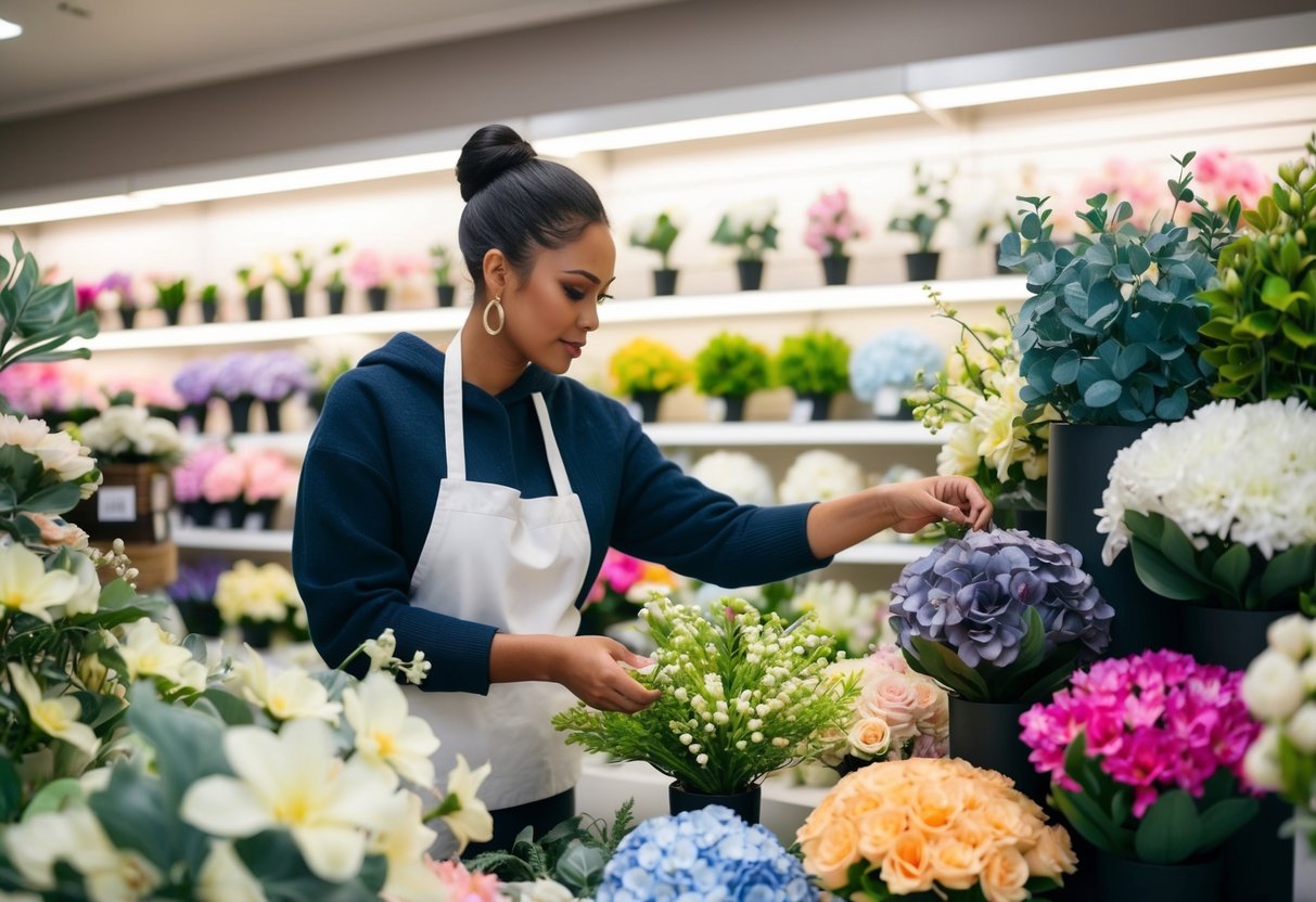 A person carefully selecting faux flowers from a variety of options in a well-lit and organized store display