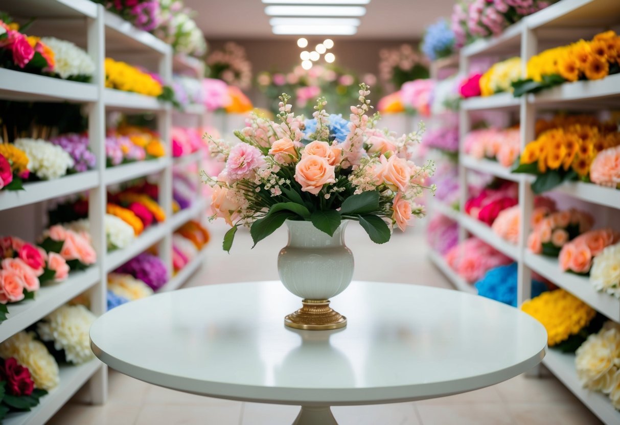 A table adorned with a vase of artificial blooms, surrounded by shelves of colorful silk flowers in a well-lit floral shop